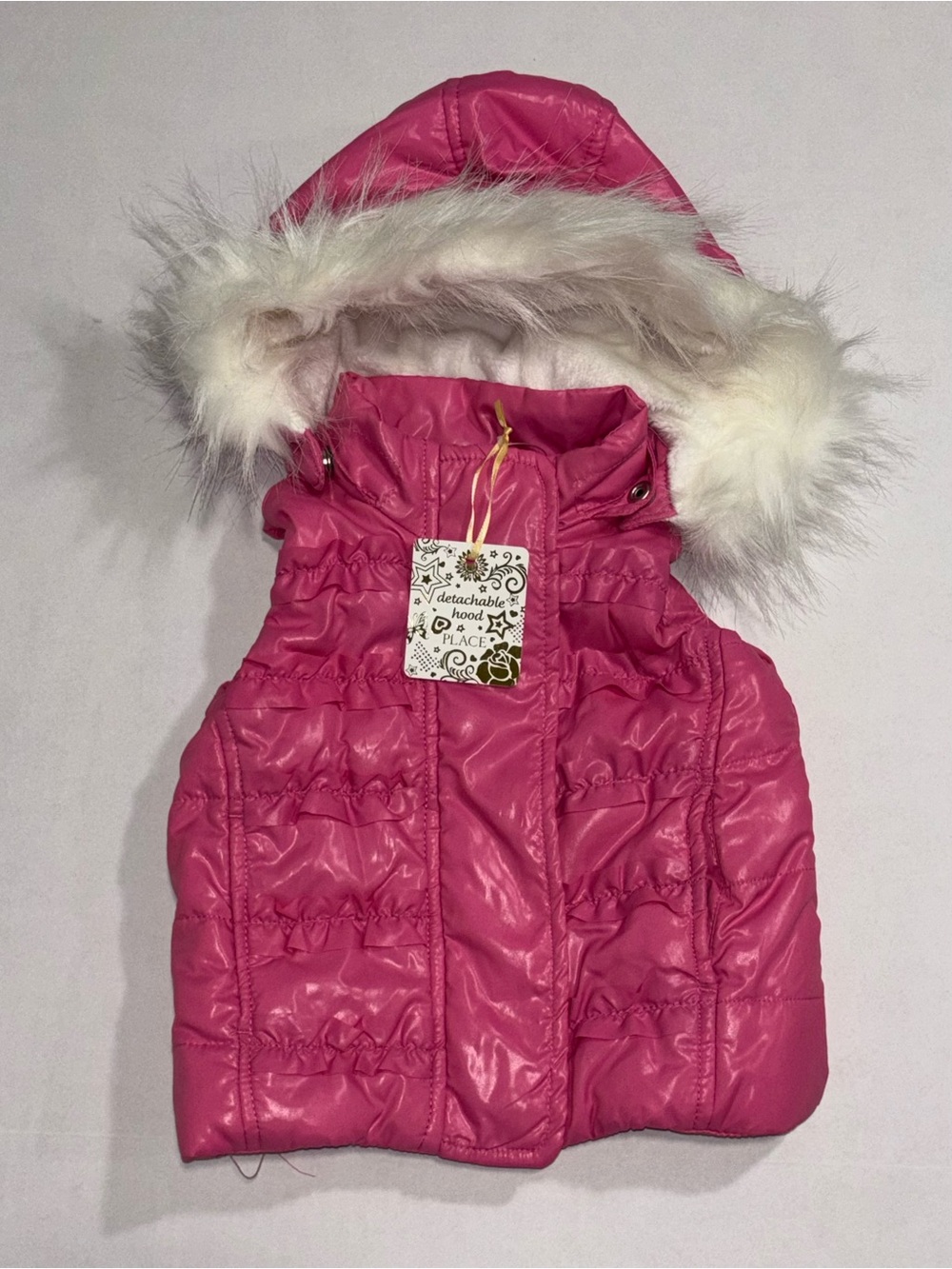 The Children's Place Pink Puffer Vest Detachable Hood Fur Trim Zip 6-9M